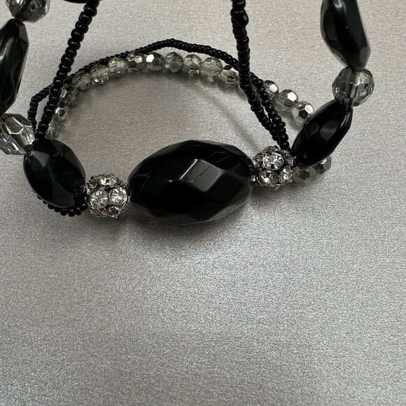 Beaded Stretch Bracelet Black Faceted Multi Strand Rhinestone Acrylic Chunky - Picture 11 of 11
